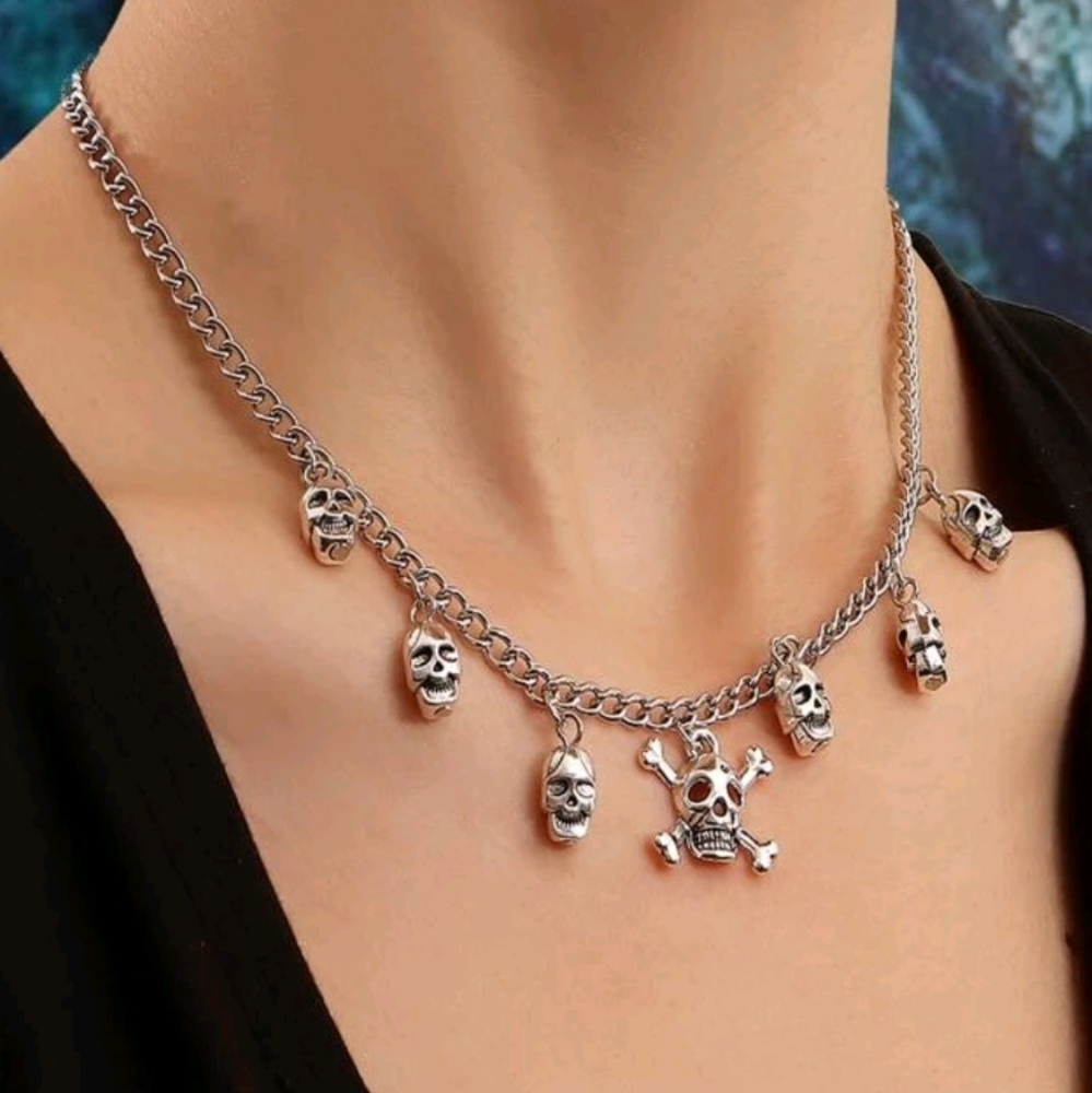 Silver skull charm necklace NEW